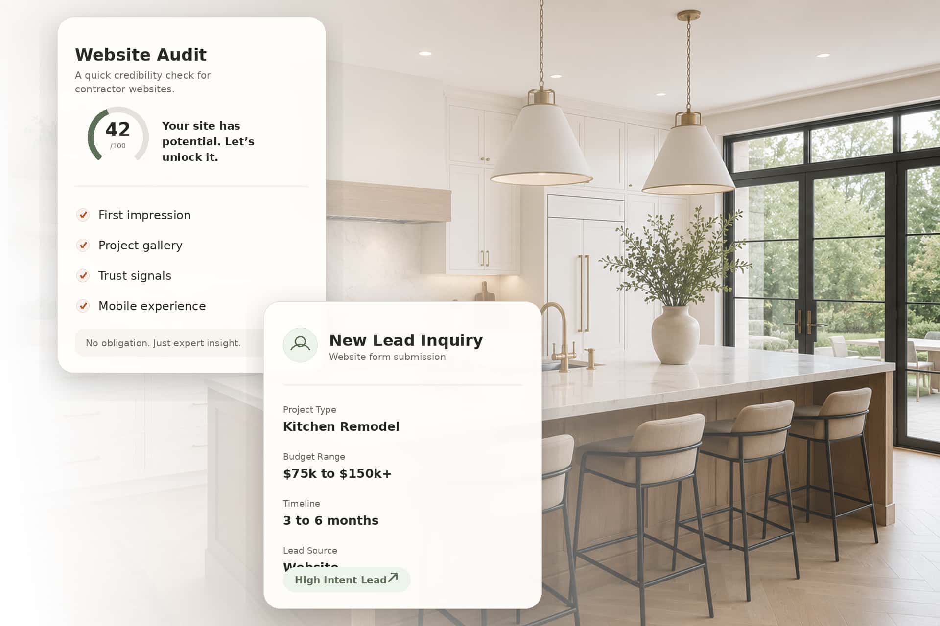 contractor website lead info in popups over a remodeled kitchen